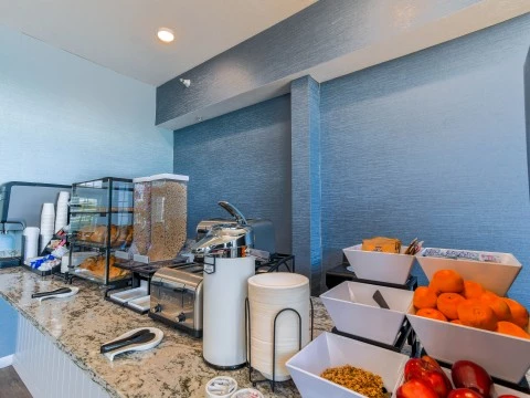 a buffet with food on the counter