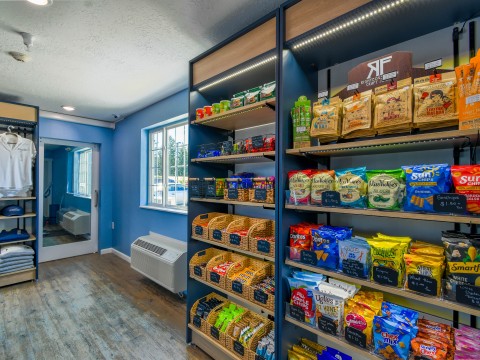 a shelves with food on it