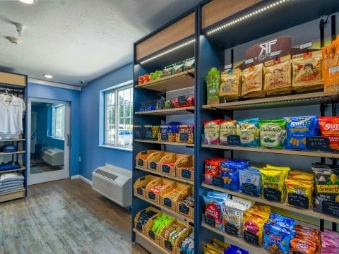 a shelves with food on it