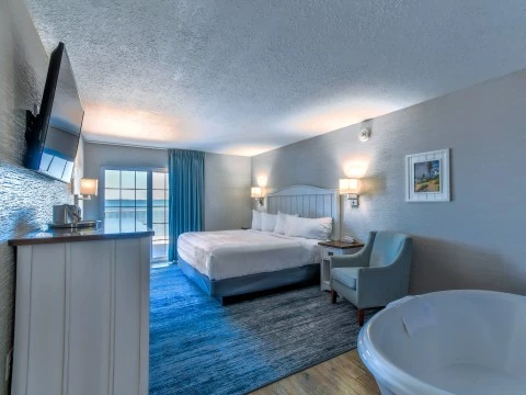 a room with a bed and a tub