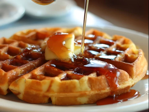 a waffle with butter and syrup on a plate
