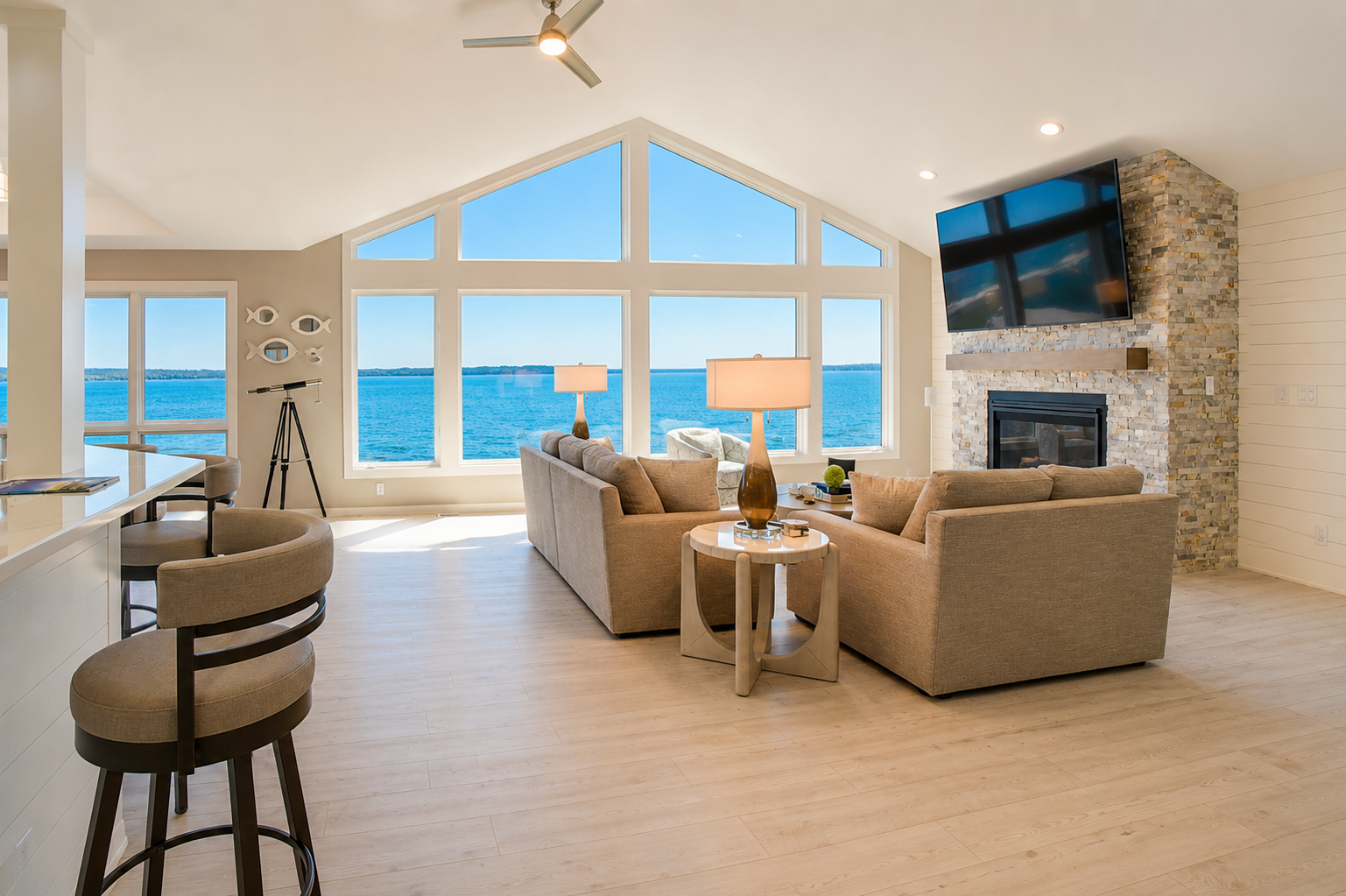 a living room with a fireplace and couches
