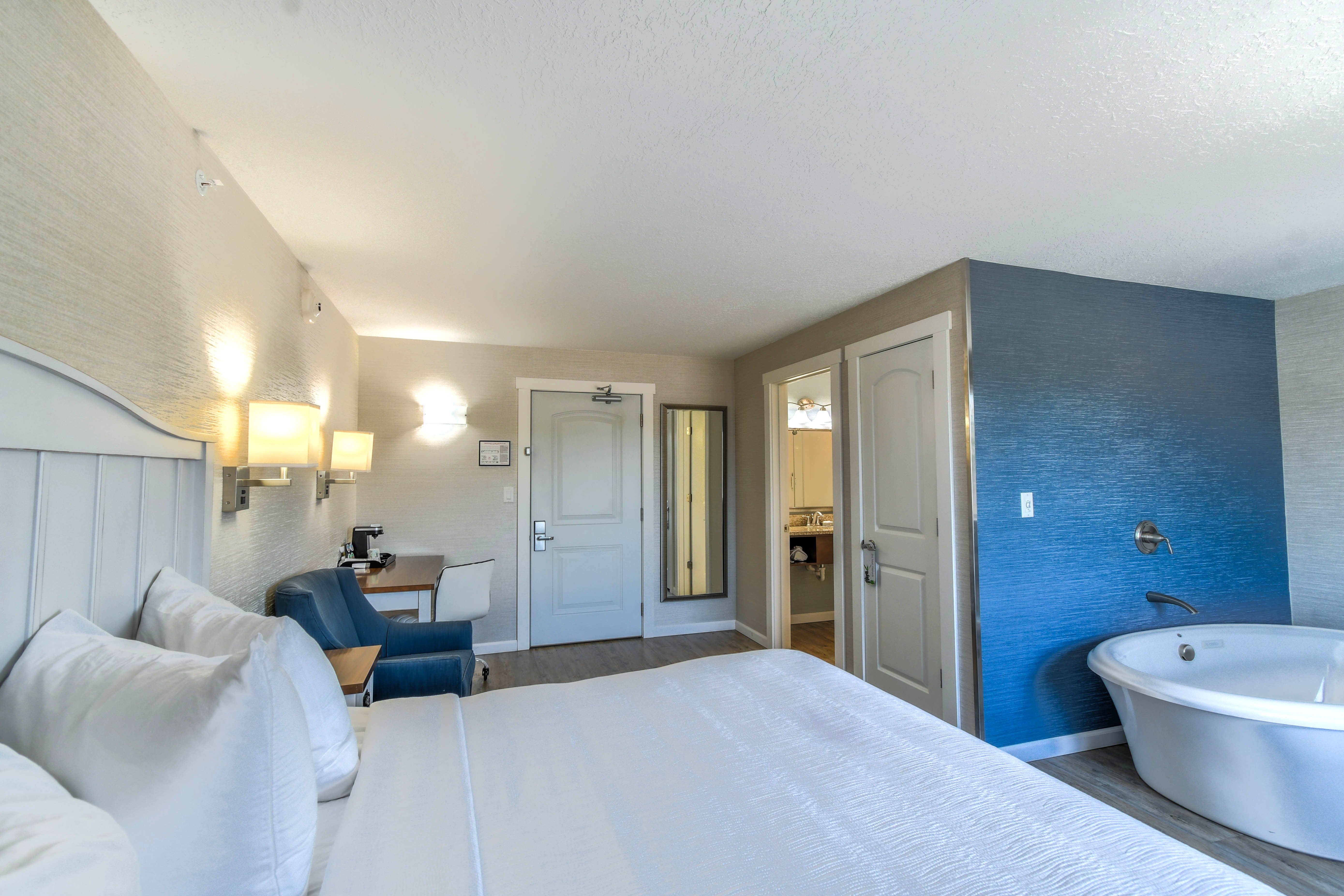 a room with a bed and a bathtub