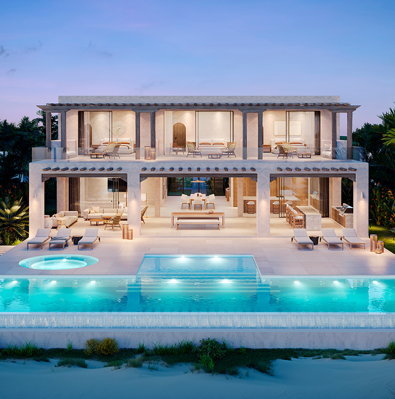 a house with a pool and palm trees