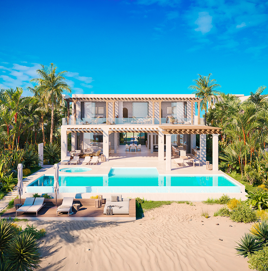 a house with a pool and palm trees