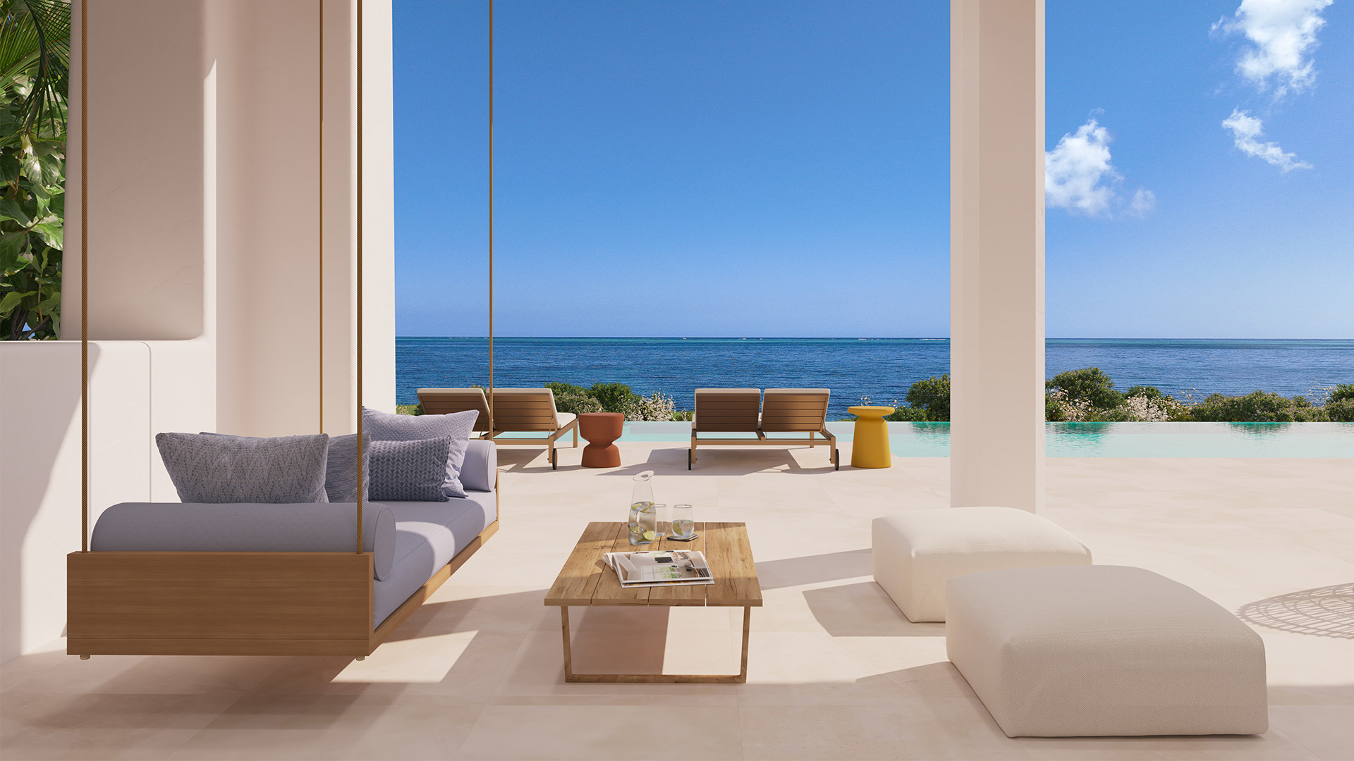 a patio with a view of the ocean