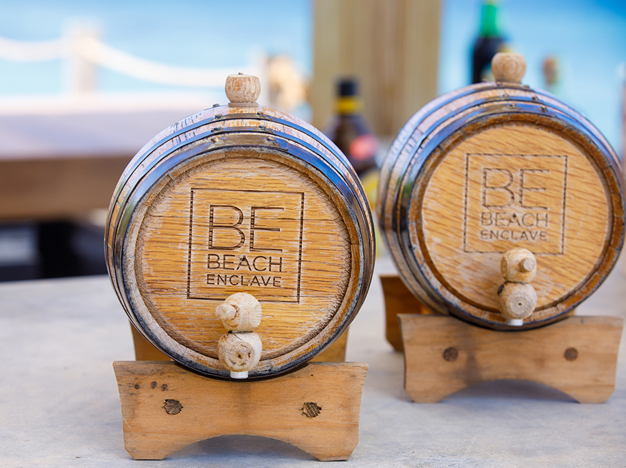 a couple of wooden barrels on a table