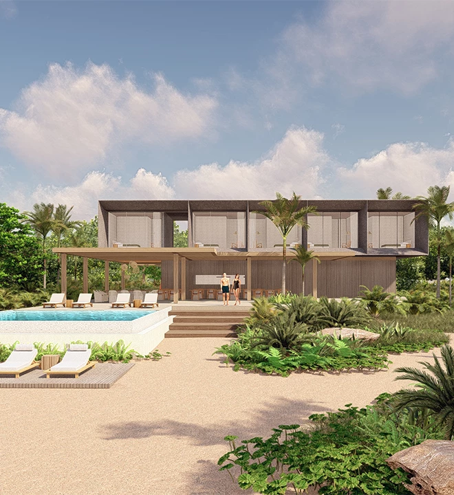 a house with a pool and palm trees