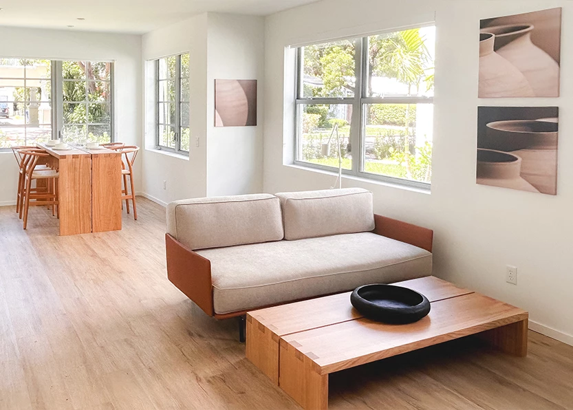 a living room with a couch and a coffee table