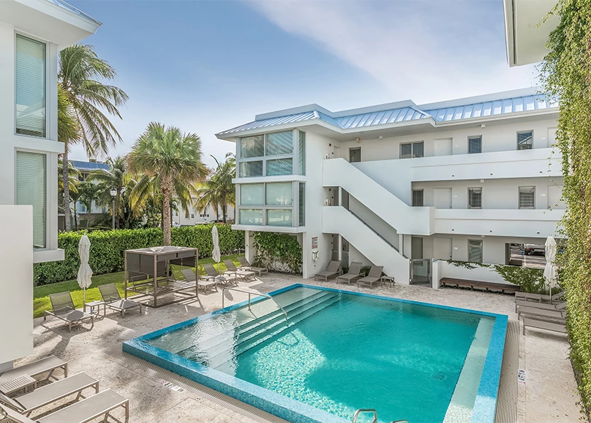 a swimming pool and a building