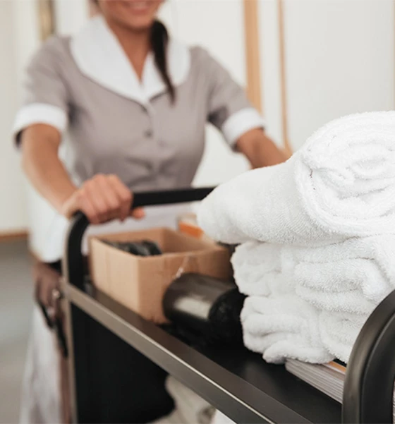 a maid pushing a cart with towels