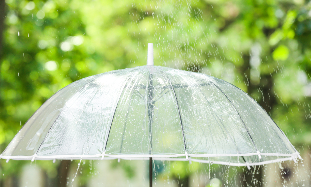 a clear umbrella with water falling on it