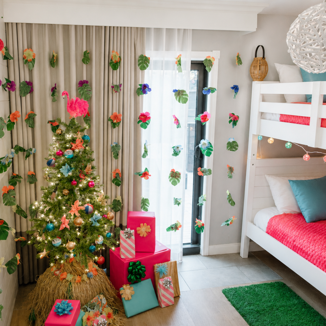 a room with a bed and a christmas tree