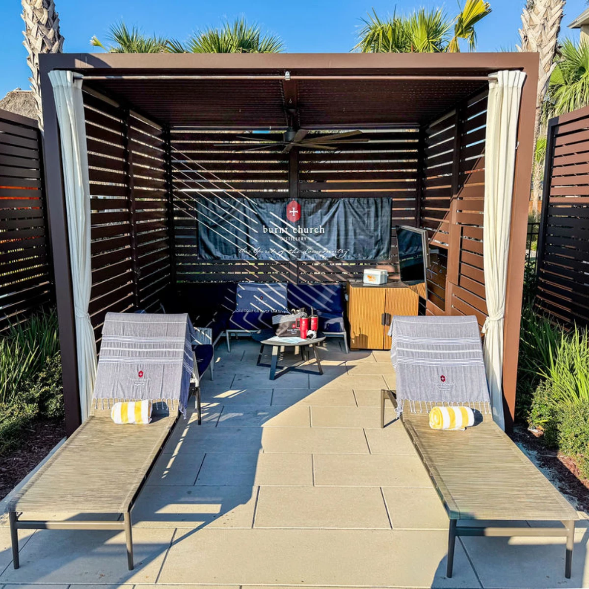 a lounge chairs in a gazebo