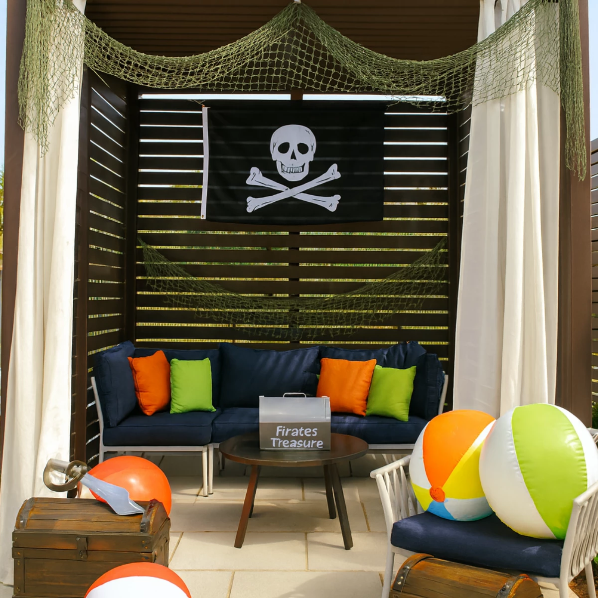 a patio with a pirate flag and beach balls