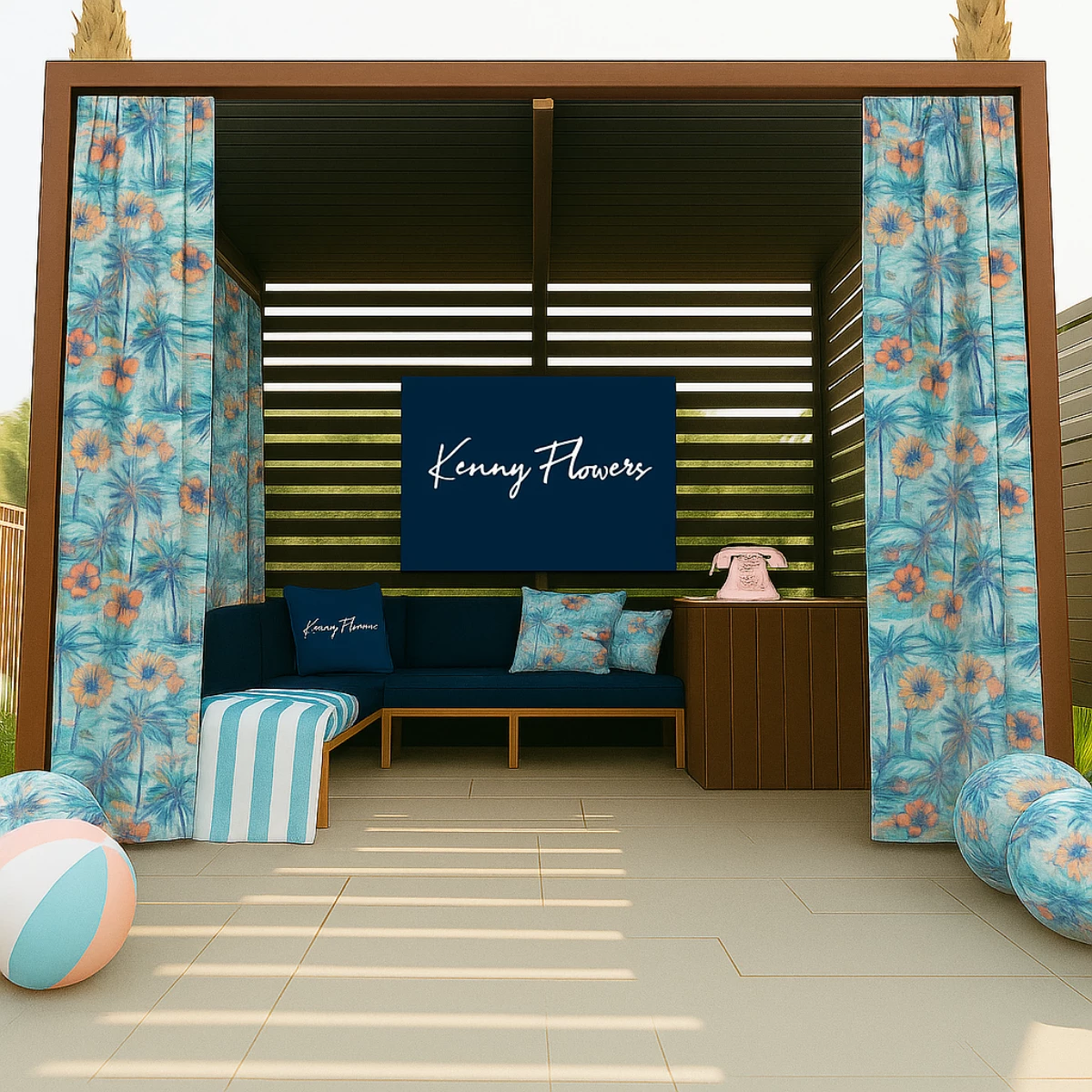 a couch with blue curtains and blue and pink pillows