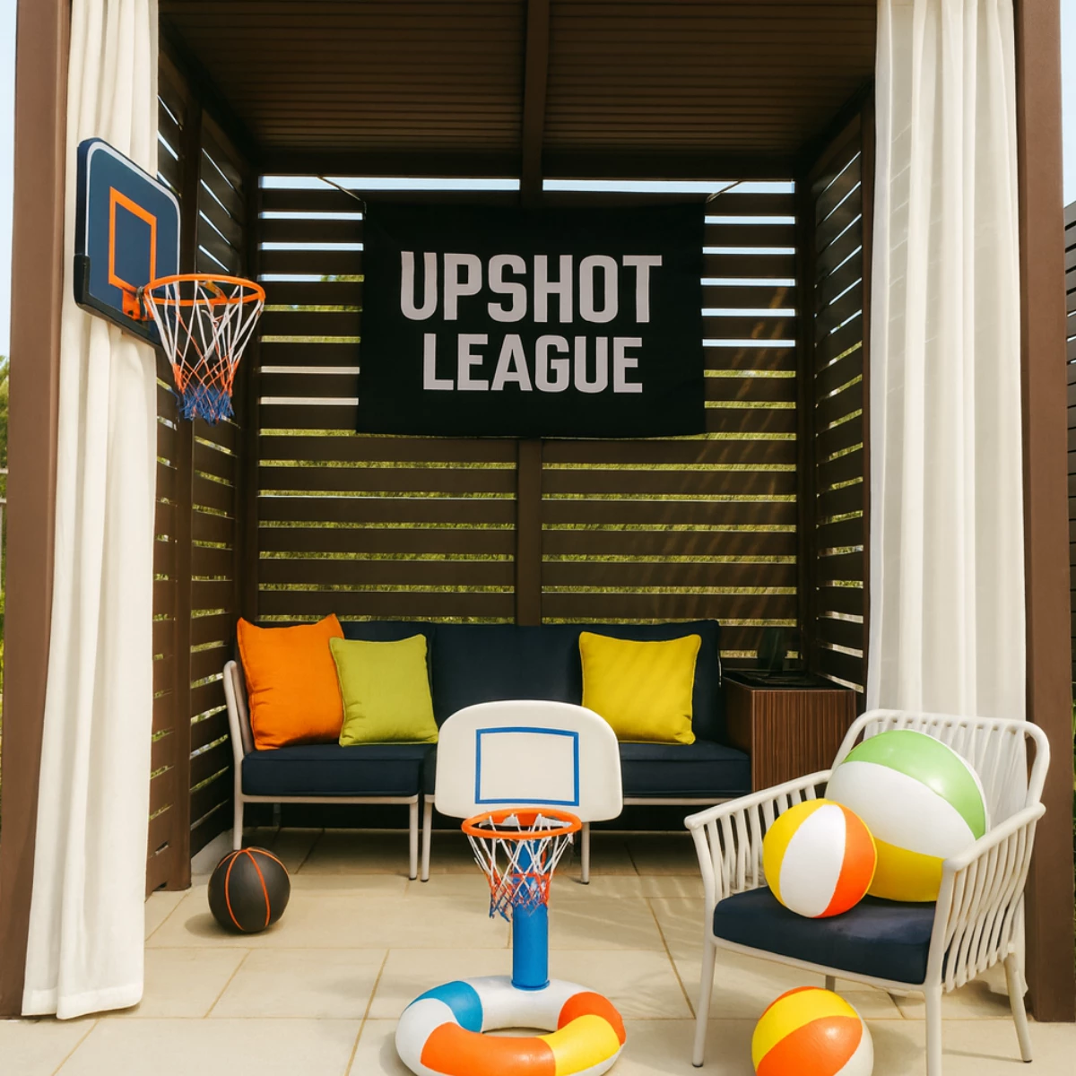 a basketball hoop and basketball hoop with colorful pillows and a basketball hoop