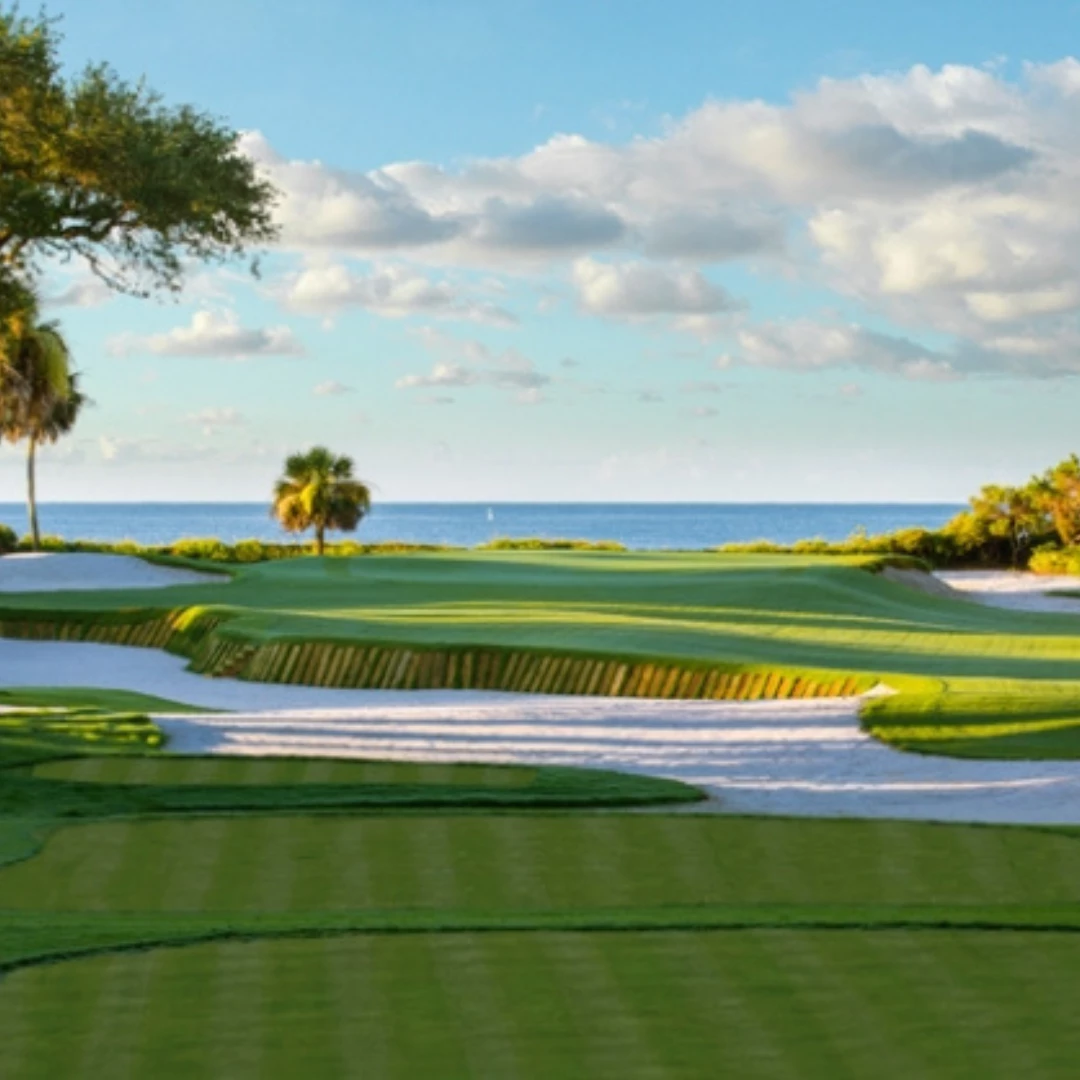 a golf course with a body of water and trees