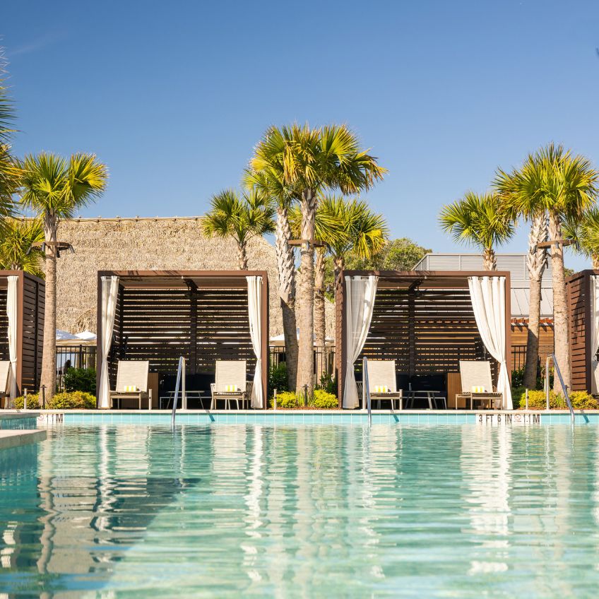 a pool with palm trees and chairs