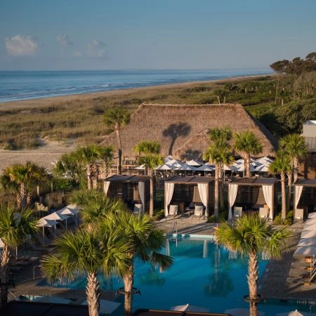 a pool with palm trees and a beach