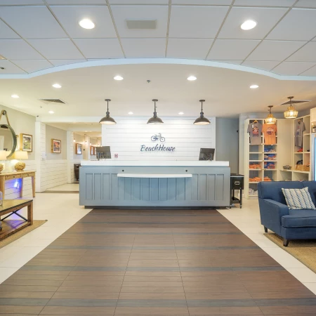 a reception desk in a hotel