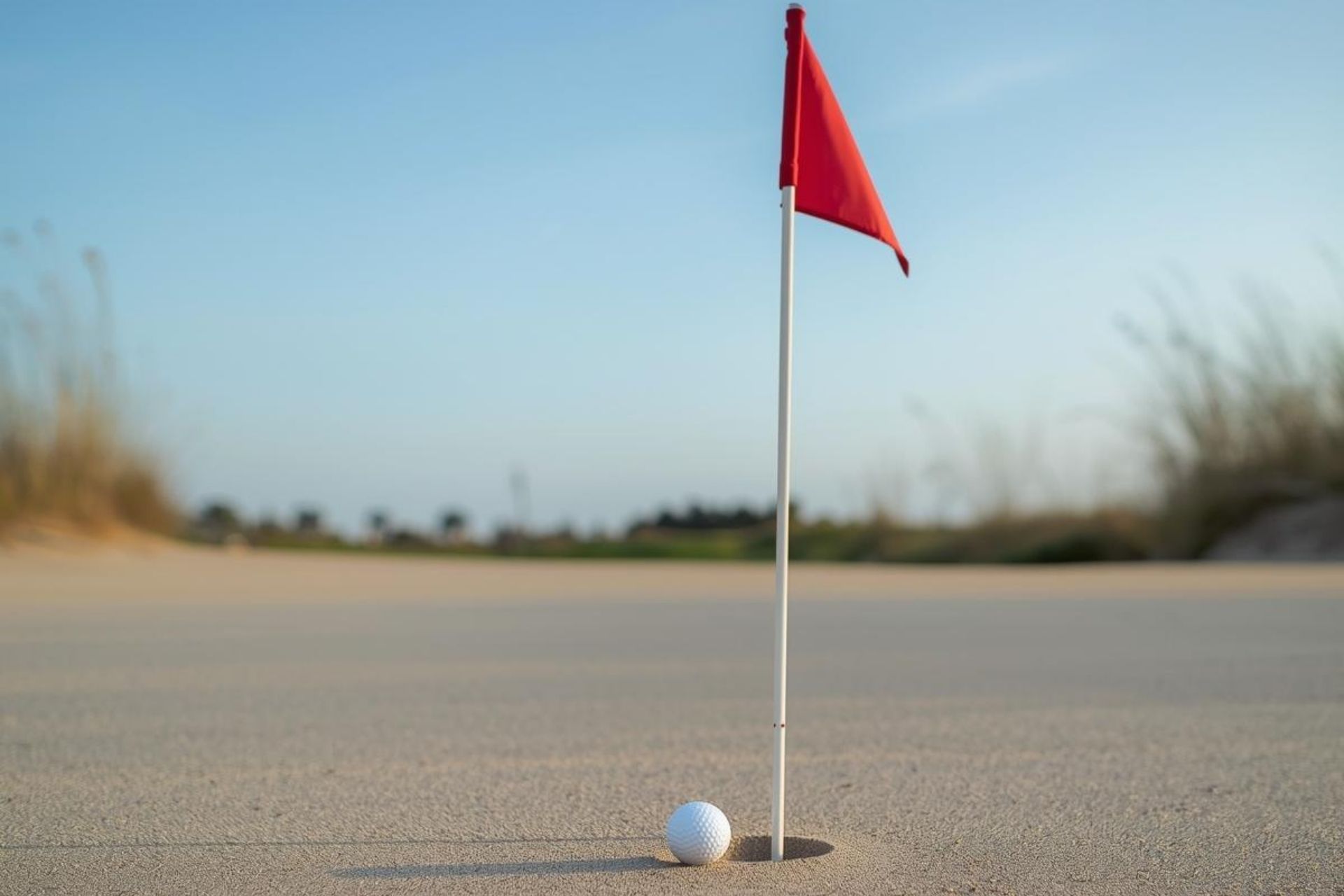 a golf ball in the sand with a flag in the middle