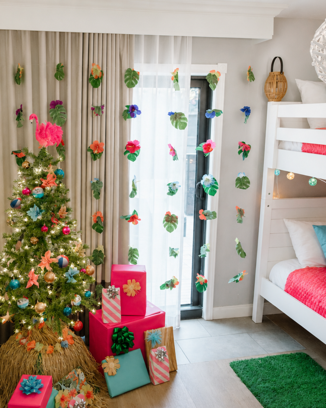 a room with a christmas tree and presents