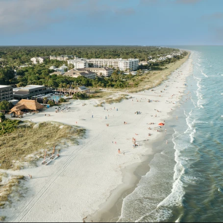 a beach with buildings and trees
