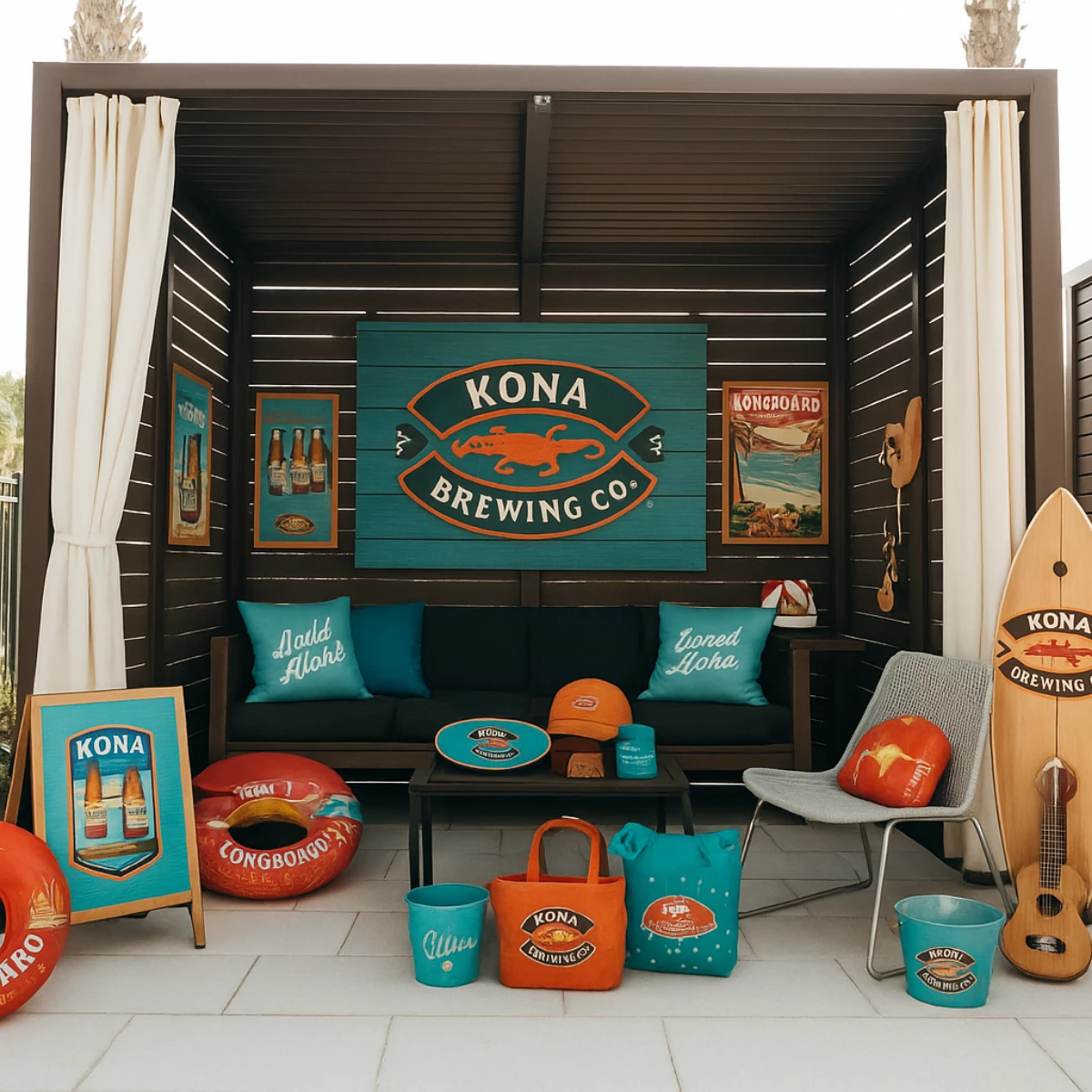 a small outdoor area with a couch and chairs and a surfboard