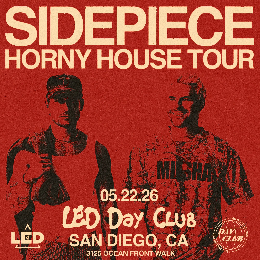 a red and white poster with two men