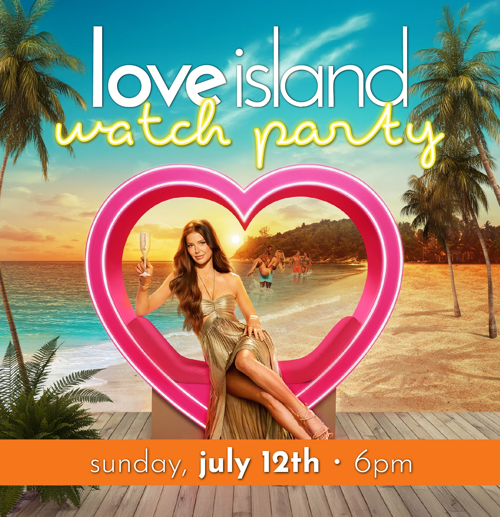 a woman sitting on a pink heart shaped chair with a beach and palm trees for Love Island