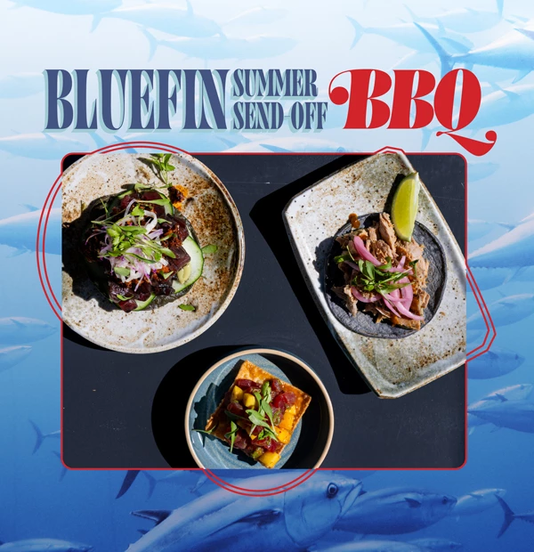 poster for bluefin tuna bbq featuring dishes like poke and tostadas