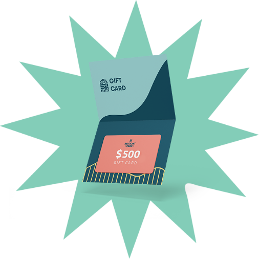 a gift card with a blue and green background