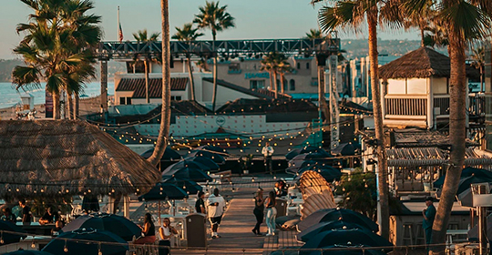 a group of people walking on a walkway with umbrellas and palm trees