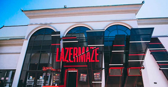 a building with red letters