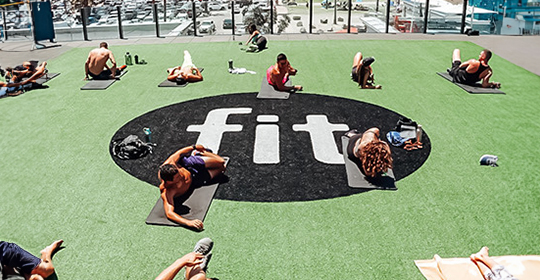 a group of people doing yoga on a green surface