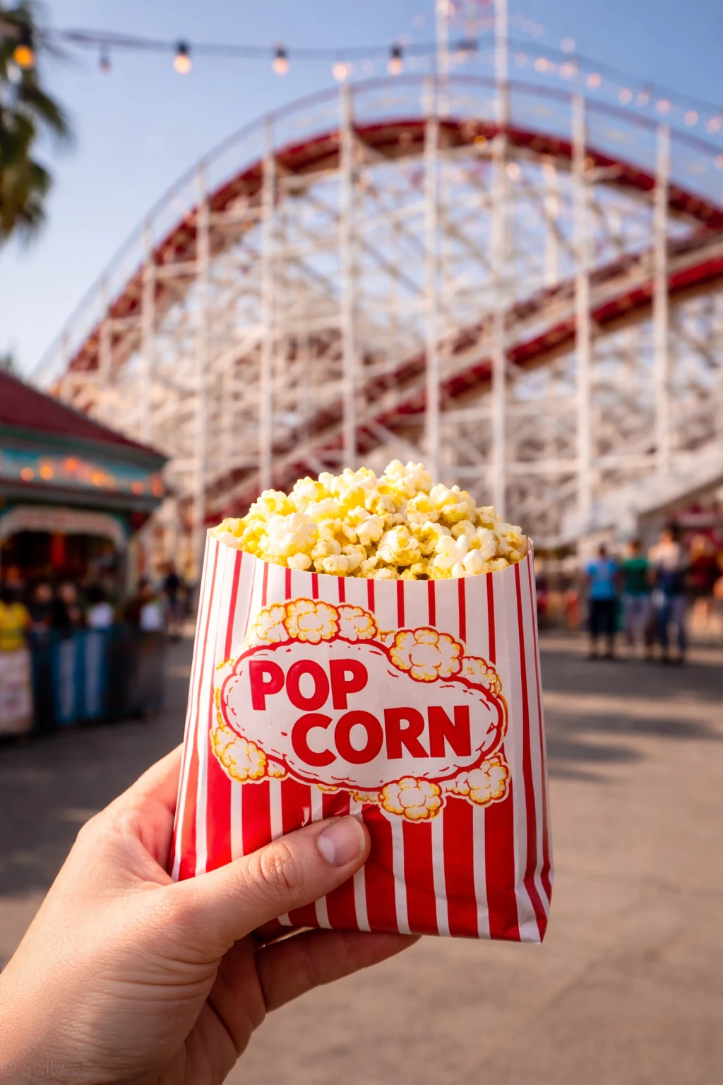 a hand holding a bag of popcorn