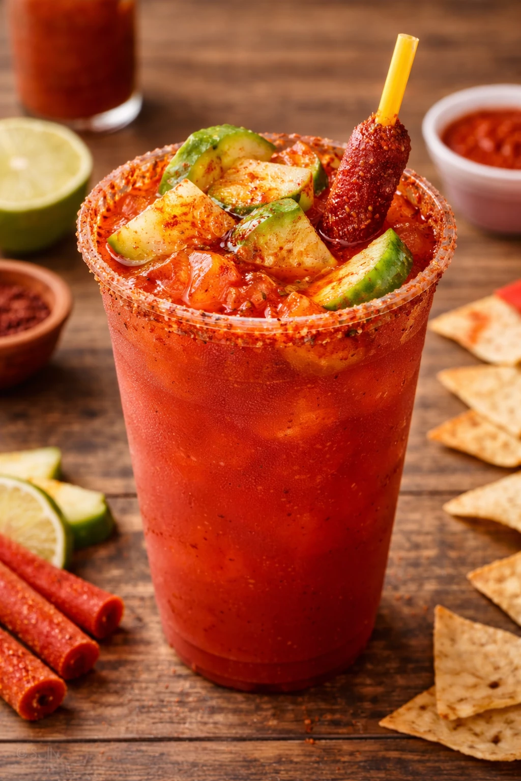 a glass of red liquid with a spicy sauce and vegetables