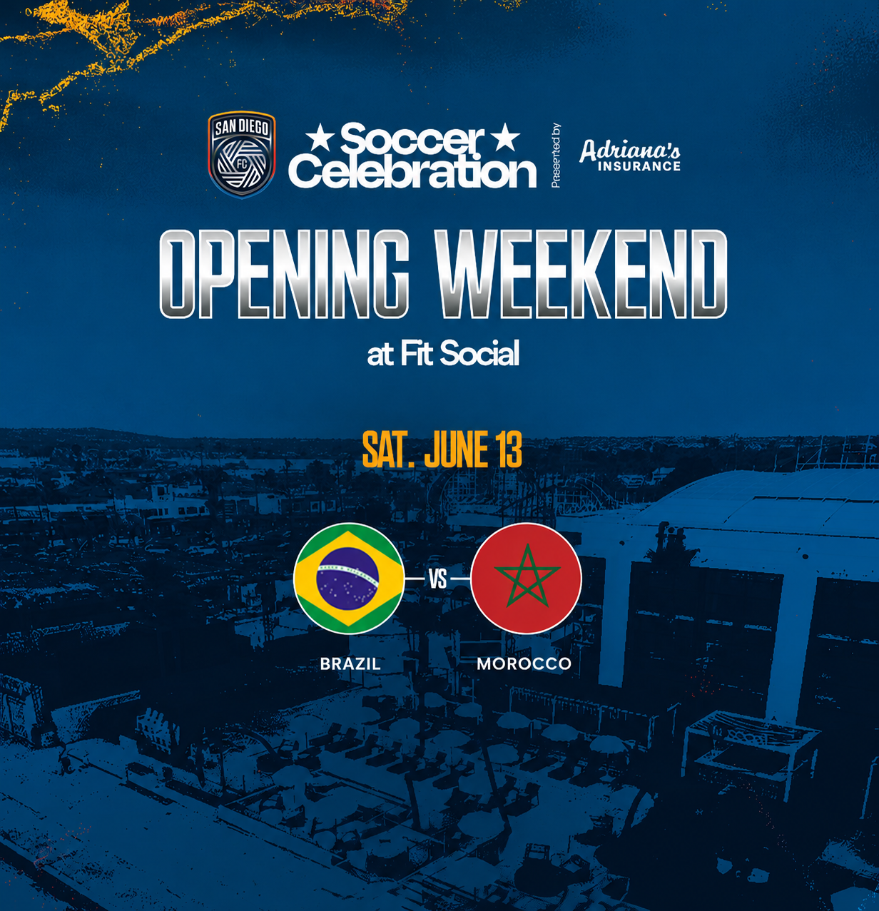 a poster for the soccer celebration at fit social. this is about a game between brazil and morocco
