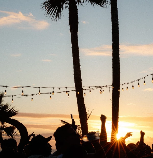 a group of people with their arms raised under a string of lights