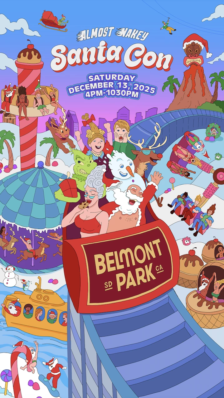 a poster with a cartoon of santa claus and snowman