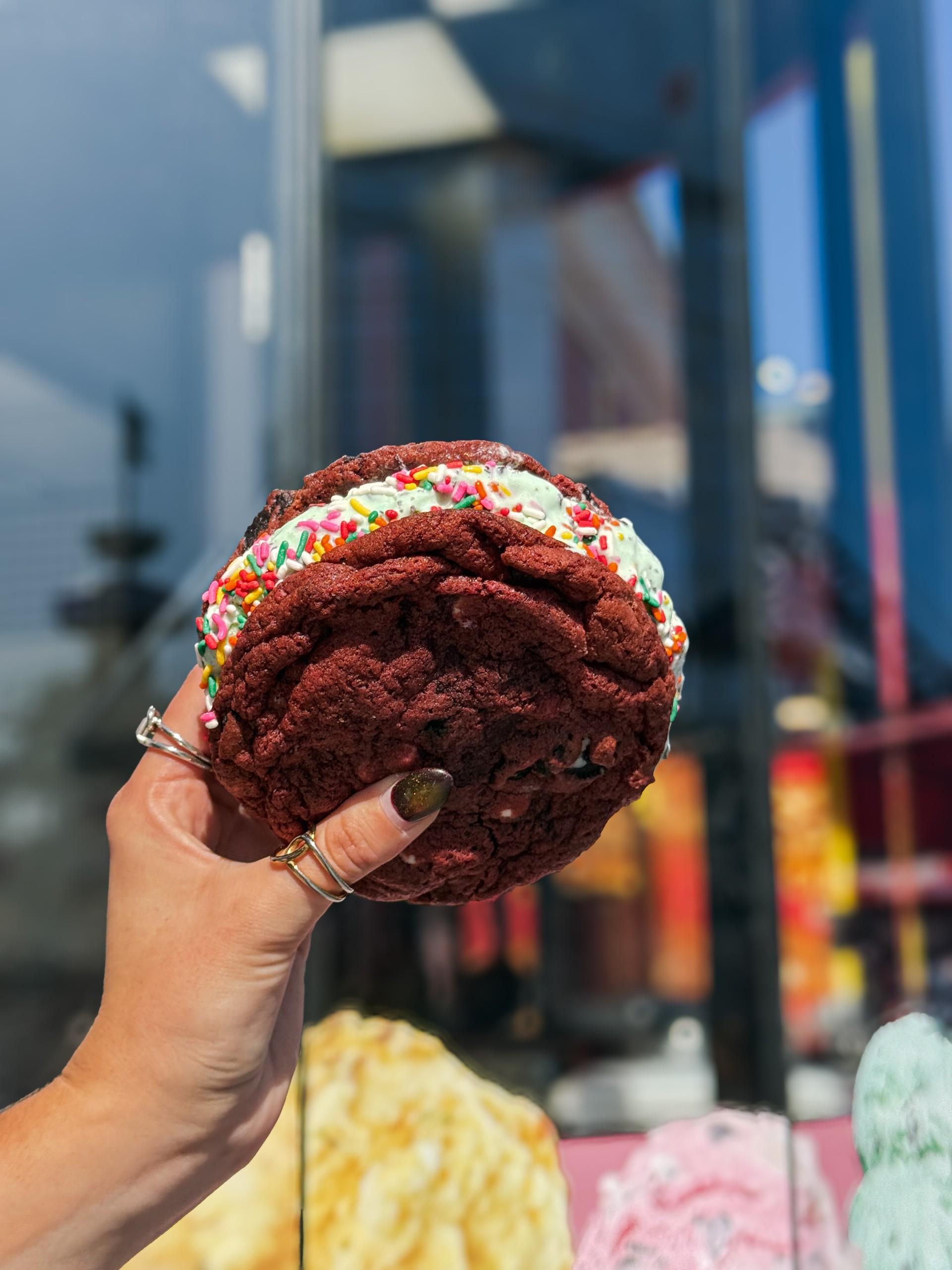 a hand holding a cookie