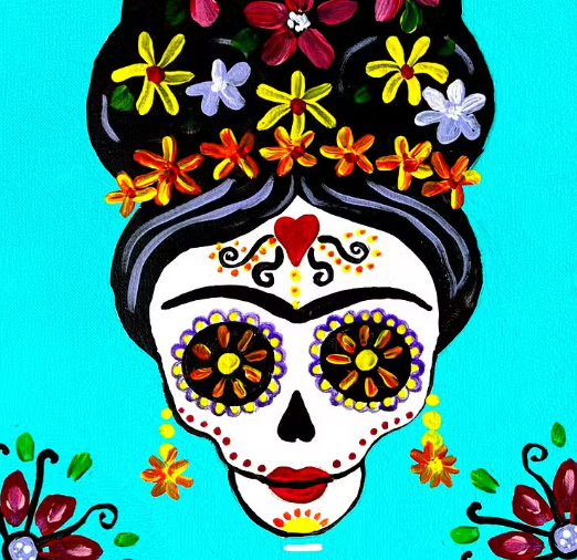 a painting of a skull with flowers on her head