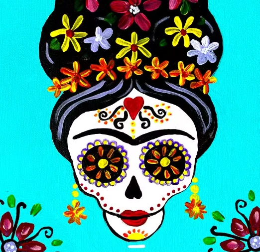 a painting of a skull with flowers on her head