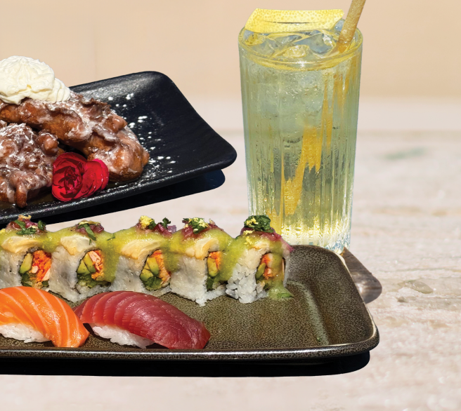 a plate of sushi and a drink