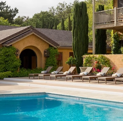 a pool next to a building
