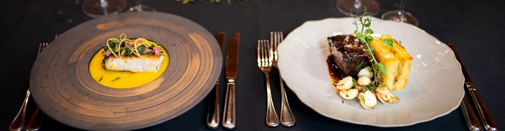 a plate and silverware on a table