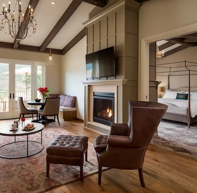 a room with a fireplace and a bed