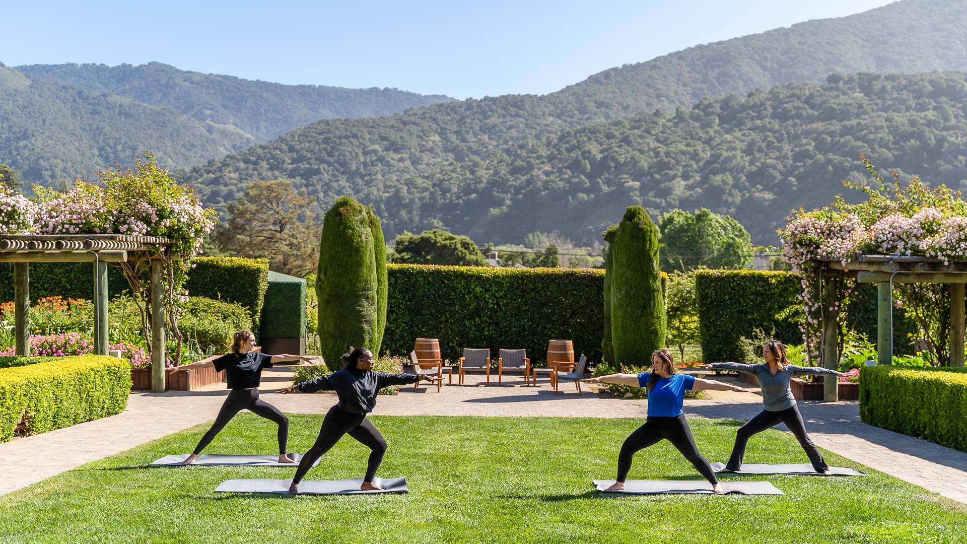 a group of people doing yoga in a park