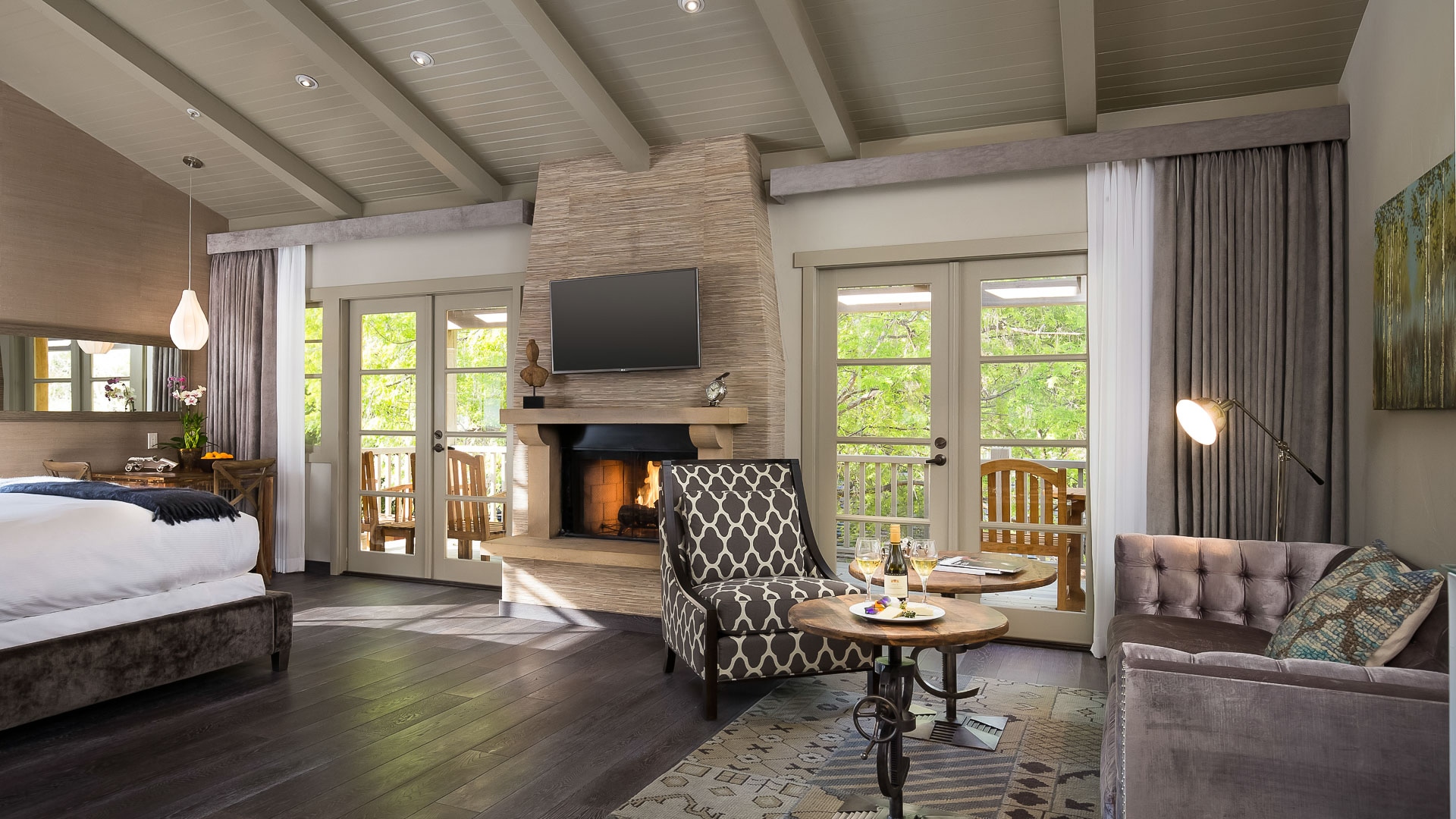 a living room with a fireplace and a couch